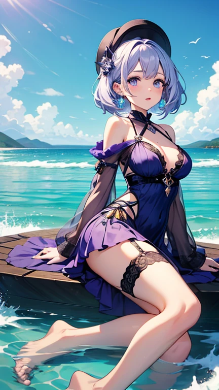 Highest quality, masterpiece, figure, wallpaper,One girl, Beautiful detailed girl, Highly detailed eyes and face, Beautiful attention to detail, Shine,Browsing Caution, View your viewers, Blue Eyes, Side Up,Beautiful green hair, Thighs, Large Breasts, ,beautiful finger, clear background, deep night、Big earrings、bracelet、Gal、summer、Ocean、sunlight,Swimwear, sitting on the beach