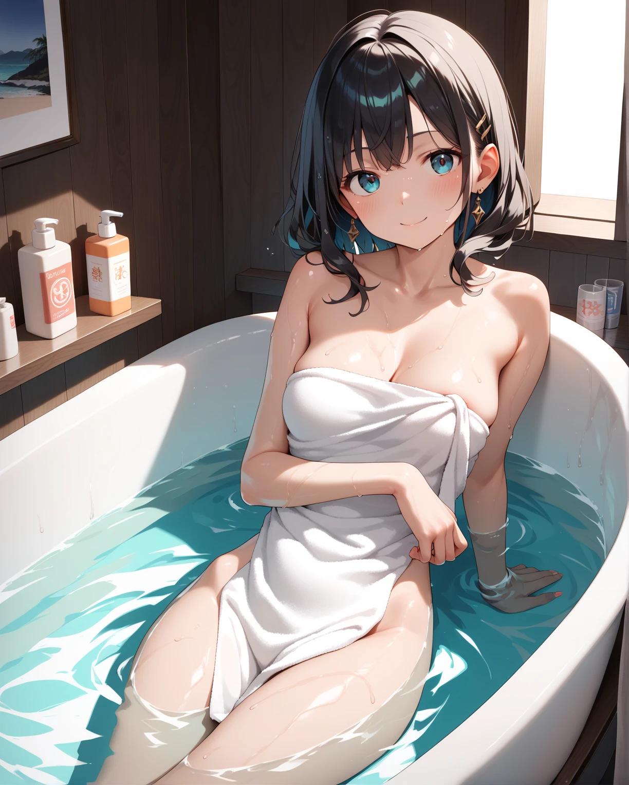 Highest Quality, masterpiece, unbelievably beautiful, very delicate 8k wallpaper, Transcendently Beautiful Girl, (beautifully detailed eyes),long hair, Black hair, BREAK, Flat_Chest, Huge_breasts, wide_lower back, grin, long eyelashes, makeup, BREAK, (Five Fingers, 4fingers and 1thumb), sitting, (no clothes), BREAK, (bathroom, bathtub, large, bubble bath:1.3), naked, (soaking in the bath:1.3), (stretching arm:1.5), (blush:1.3), smile, (squinting eyes:1.3), humid, (Drawing a bathtub from the side:1.5), foam covered bathtub, Soak in the bathtub up to your chest, BREAK, (naked towel:1.4), (white towel:1.3), (fluffy towel:1.7), (cleavage:1.1), hands behind head, wet skin, wet hair, large breasts