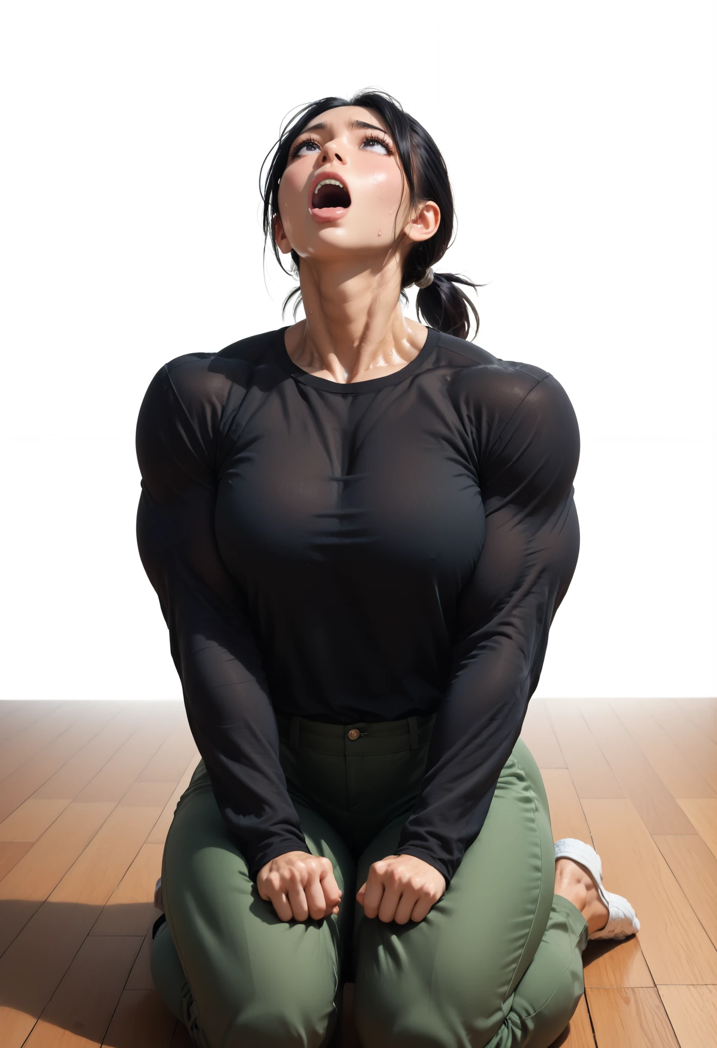 Realistic ((White background)) ((japan girl)) sexy girl (Black hair tied in a ponytail:1.4) ,black eye, Sharp face, (black Long sleeve round neck shirt:1.4), (Dark green trousers:1.2) 1 girl, rathing_questionable , ,score_9, score_8_up, score_7_up, seductive, very long leg (very Shocked) Big ass , ((big breasts:0.5)) ((muscular:1.2)) , sexy , strong , (Screaming in pain:1.2) sweat ,Kneel on the floor ((look up:1.3)) Sensual woman, seductive BREAK
