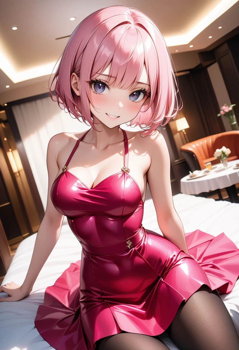 ((Highest quality, 8k, masterpiece :1.3)), (Sharp focus :1.2, Beautiful woman with perfect figure :1.4, Slim Abs), ((Big Breasts, Emphasize cleavage:1.2)), (Photorealistic:1.4), (realistic:1.4), (Pink Hair:1.5), Highly detailed face and skin texture, Fine grain, double eyelid. Makeup face, A little bit of lipstick, sex appeal, Sexy gravure pose, ((A woman in a red party dress、Sitting in a fancy hotel lounge under a chandelier、Smiling seductively while showing off her sexy legs。:1.3))