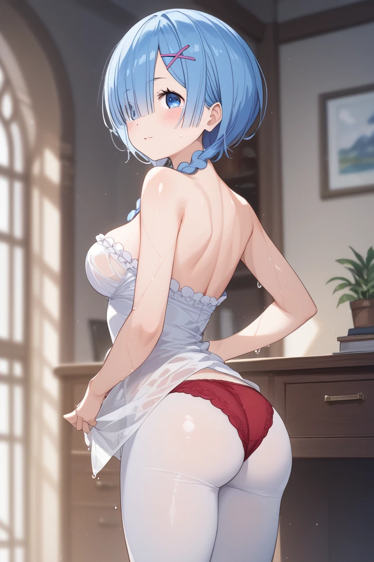 (((Pixel Perfect, Perfect detail))),girl,((Re:Zero Rem))(((Rem-style maid headband))),(whole body)Big Breasts, ((Bangs that hide the right eye))((Blue Hair))Roswaal Mansion Maid Uniform,Skirt lifted,Panties in full view,(((He has a displeased look on his face.)))Backwards,Towards the buttocks