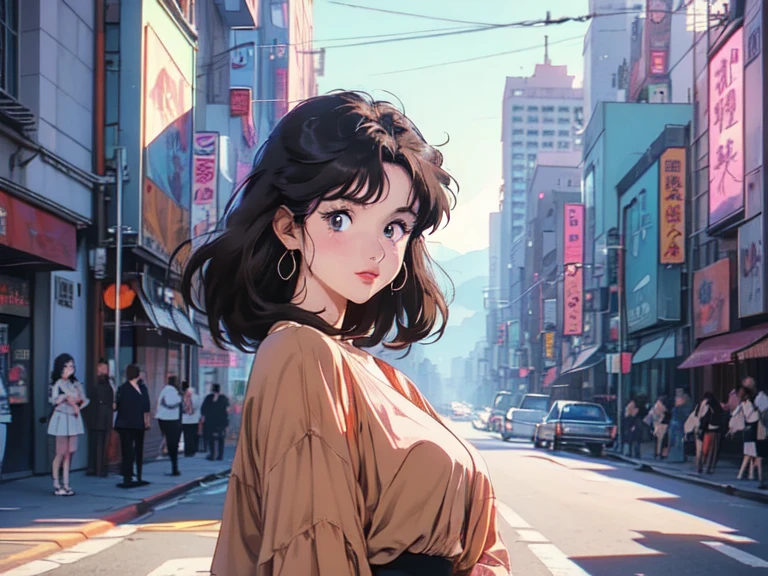(Best quality, High resolution, Masterpiece :1.3), A pretty woman, Slender figure, Dark brown hair, T-shirt, (Street in city at night), Highly detailed face and skin texture, Detailed eyes, Double eyelid