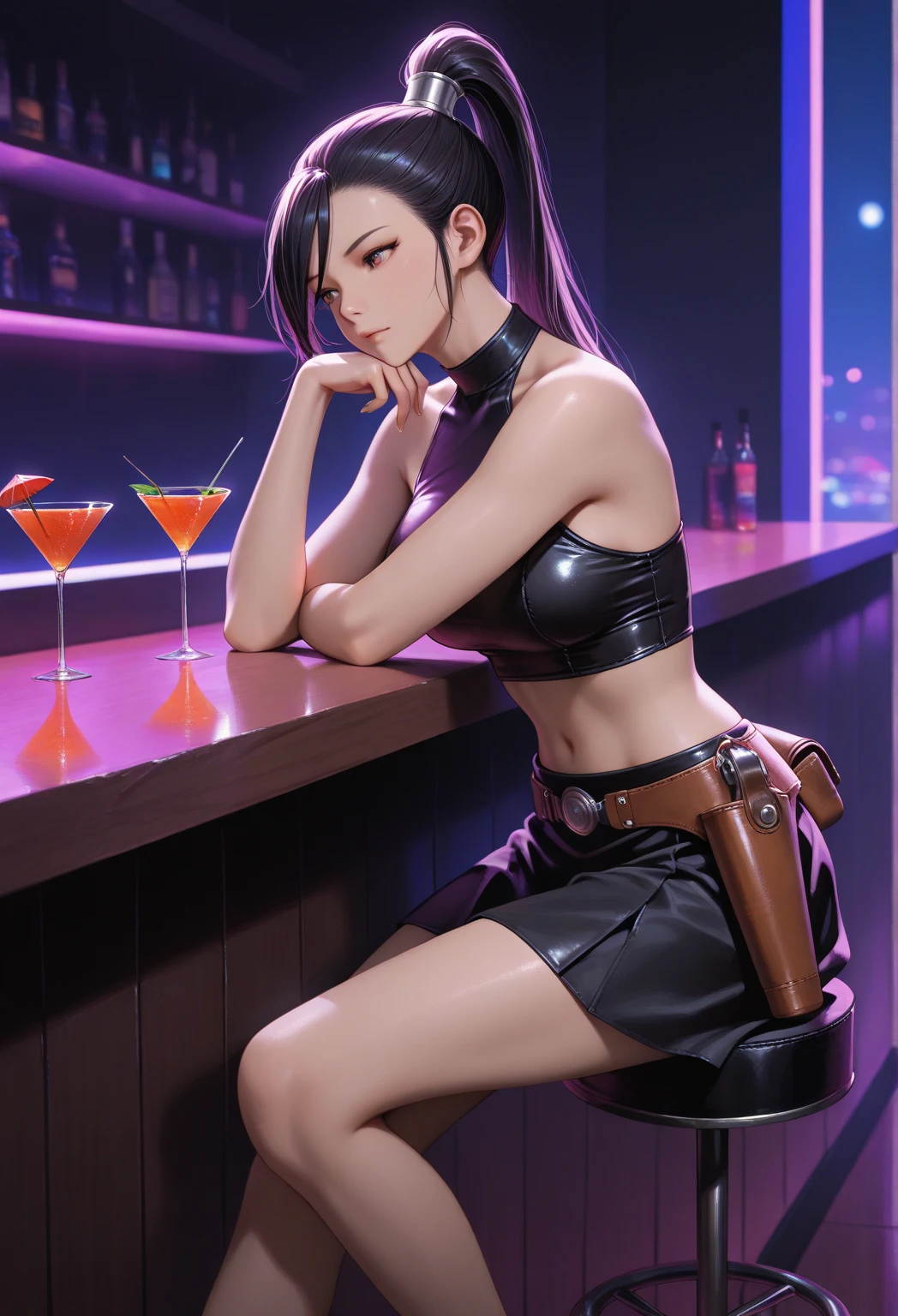 Realistic art representing the asian woman Ada wong from Resident Evil sitting at the counter of a bar. She has a glass of alcohol in front of her on the counter, her expression is confident. She is wearing a red top and black skirt and her hair are short and black.