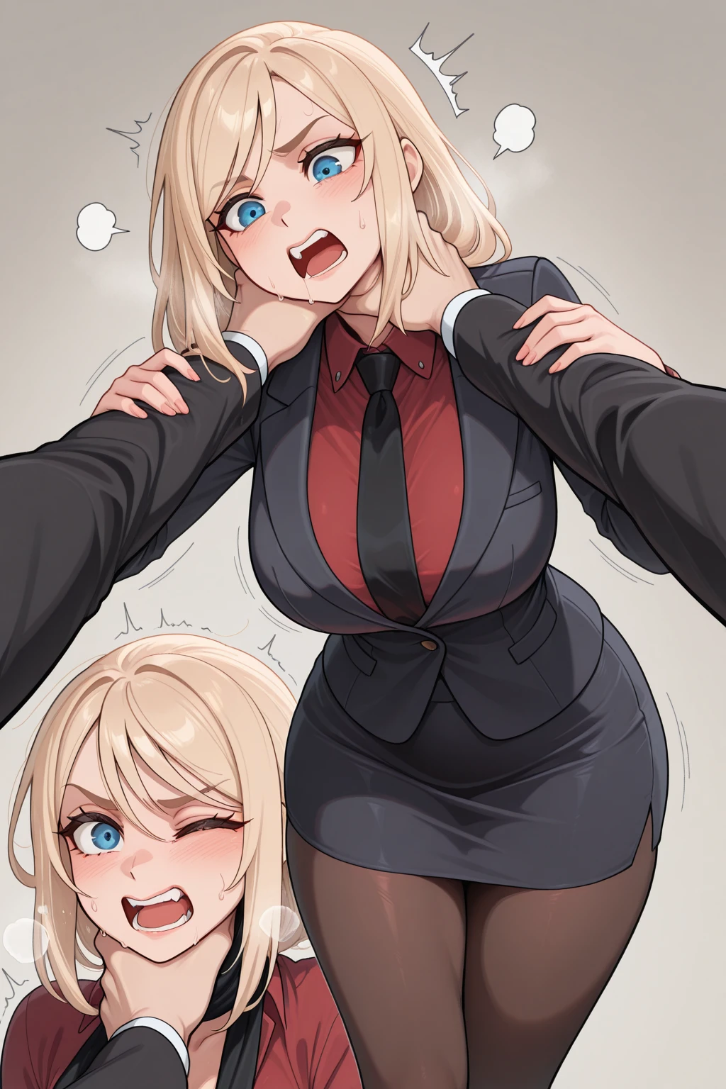 ((two girls,)), breasts touching, groping, (((in heat)))(highres, high quality:1.1), long nose, low nose, high cheekbones, small eyes, large chin, (((business clothes, small clothes))), chubby, blonde curly hair, heavy eyeliner, dark eyeliner
intersex, female, human, from below
By alphonze mucha, wild hair, ((Belly grab))
Closed eyes, squinting eyes,, blush, :>,
asymmetric bangs, heated emotion
Huge breasts, gigantic sagging breasts