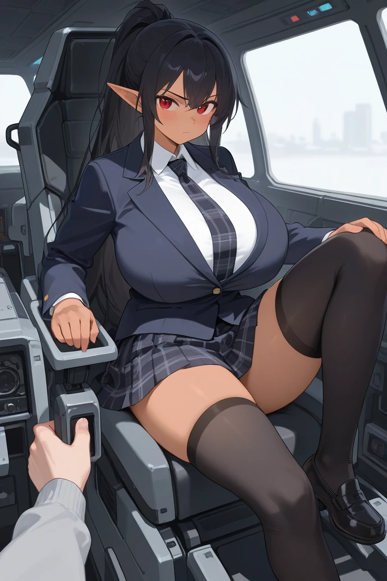 ,1 girl,Navy Blue American Police,Navy blue mini skirt,blue eyes,serious face,brown hair,bob hair,jungle,Big Breasts,blush,Licking,Slender,Inside the transport plane,sit,