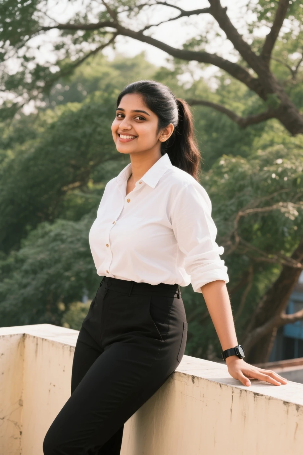 (RAW photo, natural lighting) Indian woman wearing school uniform (school uniform, black jacket, collared shirt, white shirt, neck ribbon, grey skirt, black socks, footwear), 20 years old, (chubby cheeks:1.2), (curvy body:1.3), (eyeglasses), (bindi), An Indian beauty, charismatic, fair Indian-skin, view the viewer, naughty smile, luxurious villa in the background, (detailed facial features), (realistic:1.37)