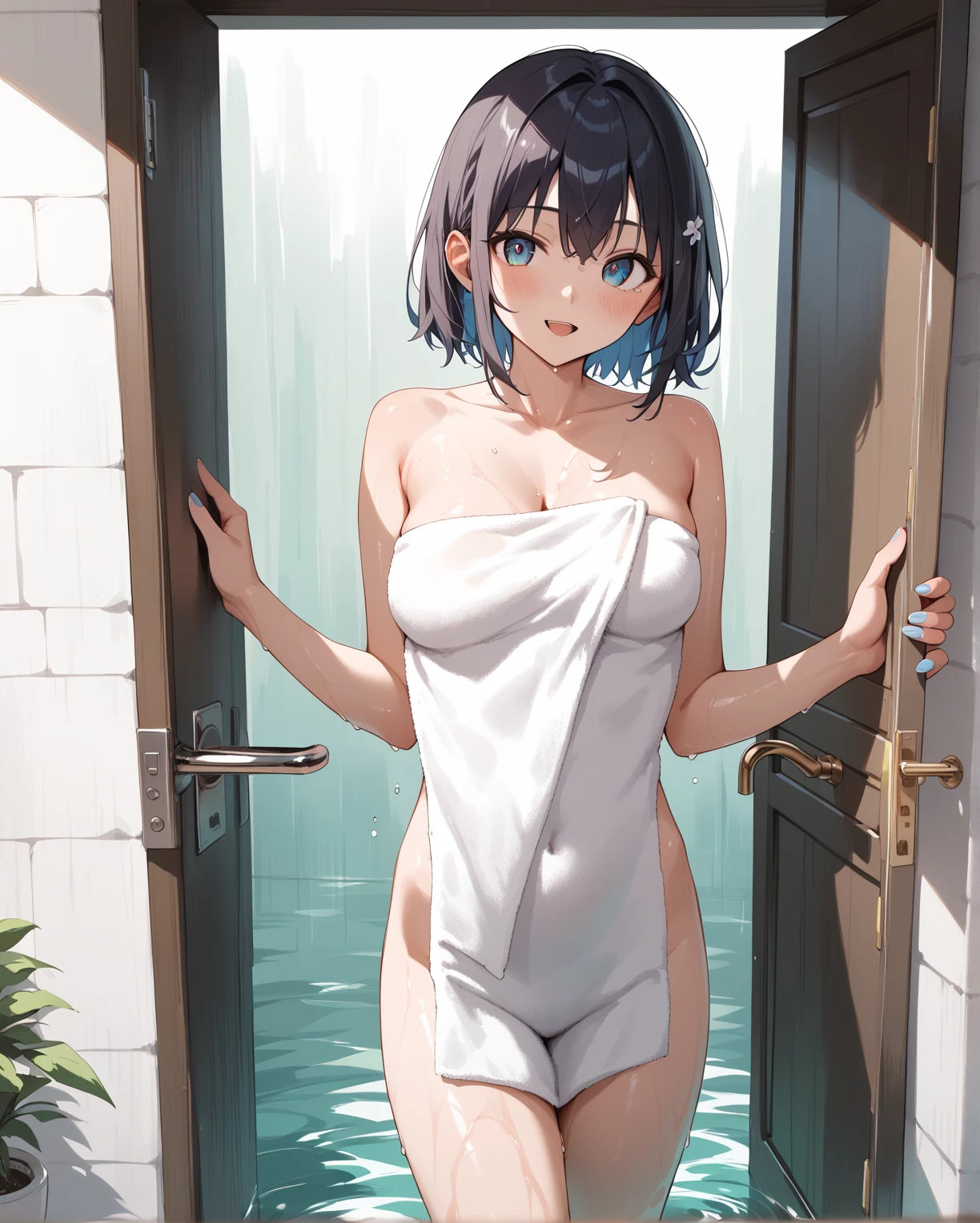 1.woman naked mischievous smile front focus on face small breasts short hair nipples naked black hair standing naked sitting hot spring unfolding bath towel provocative pose showing off body