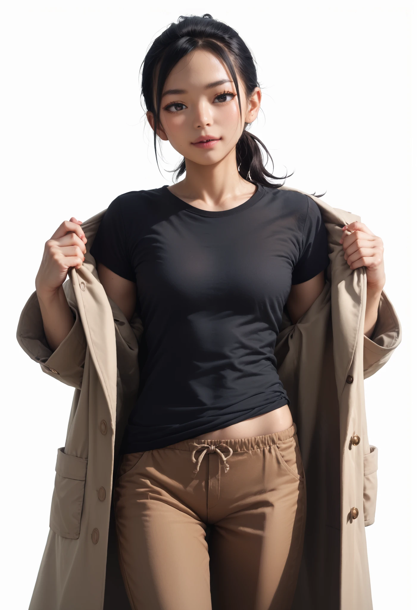 Realistic ((White background)) ((japan girl)) sexy girl (Black hair tied in a ponytail:1.4) ,black eye, Sharp face, (Black T-shirt:1.4), (Brown long pants:1.2) ((Lab coat:1.2)) 1 girl, rathing_questionable , ,score_9, score_8_up, score_7_up, seductive, very long leg ((small breasts:0.8)) (Flat breasts:0.5)