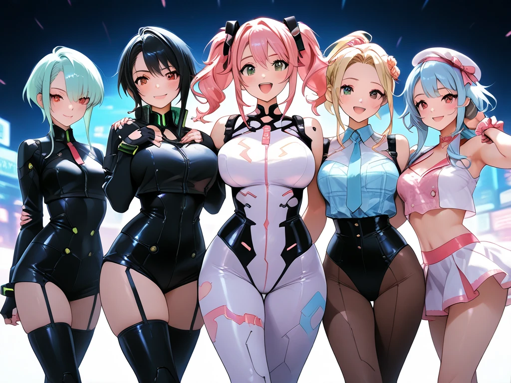 Anime girls in latex outfits posing in front of a futuristic background, Best anime 4k konachan wallpaper, BoobsCyberpunk, Perfect android girl family, Anime Style 4 k, Hololive, Digital Cyberpunk Anime Art, Anime Style. 8k, Trending on cgstation, Digital Cyberpunk - Anime Art, Shiny wet skin!!, ecchi Anime Style, Smooth anime CG art