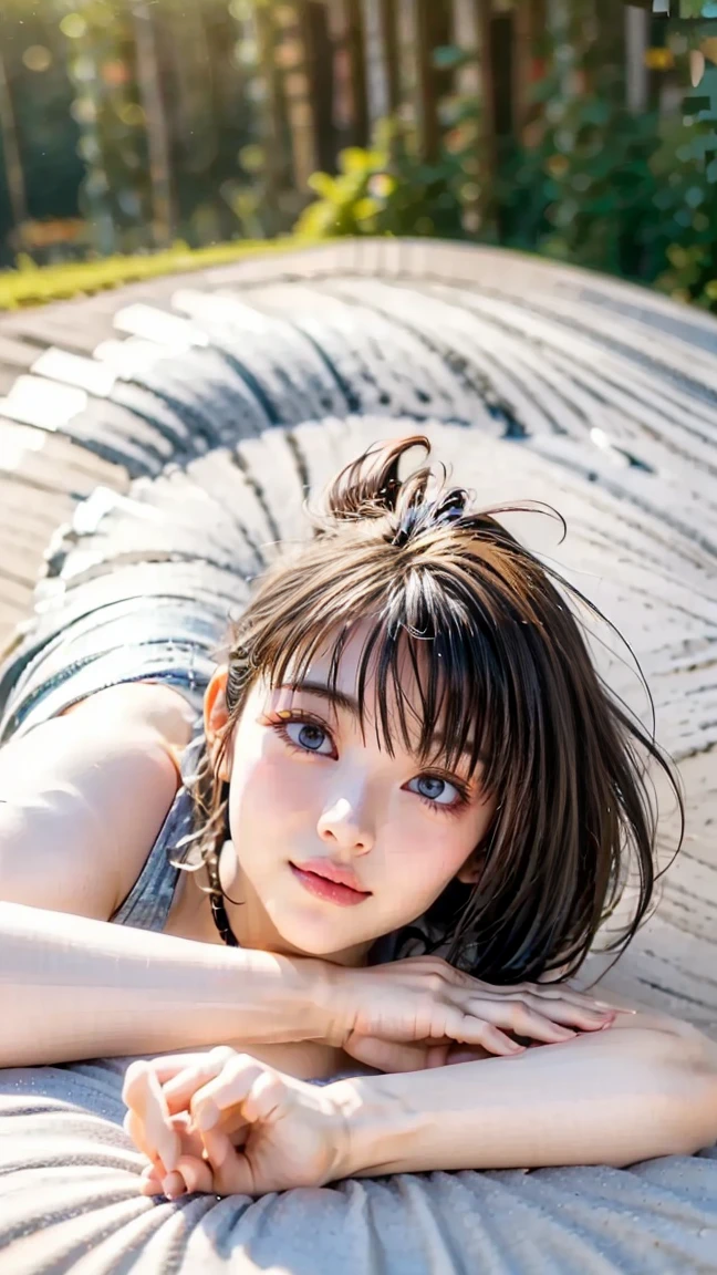 detailed face, masterpiece , Highest quality , Very detailed , 1 person, ((Contrasting Eyes)) , （Have fun), ((running)) , bikini, Beach , bangs