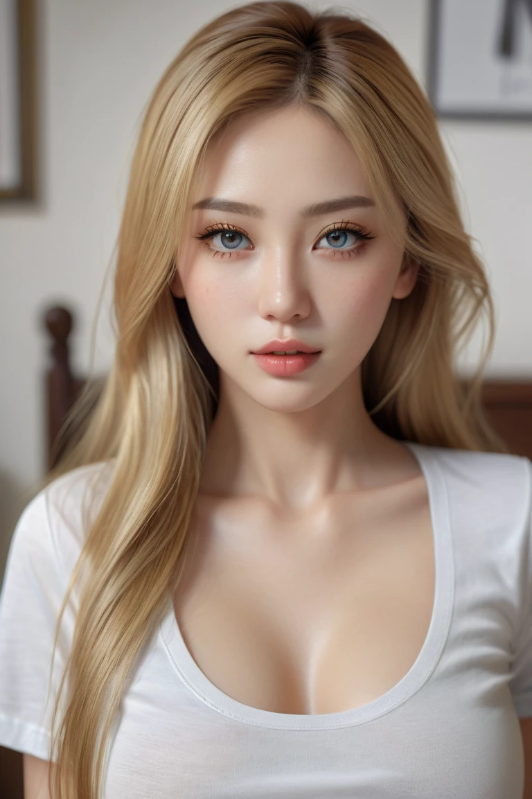 (A hyper-realistic), (illustratio), (hight resolution), (8K), (ighly detailed), (The best illustrations), (beatiful detailed eyes), (top-quality), (ultra-detailliert), (masterpiece), (wall-paper), (详细的脸), 独奏, 1 girl in, White wavy hair, Korea person, Iris heterochromatic eyes, small moles under eyes, ((fullnude)),, long legged, Tight abs, camel's toe, Stockings