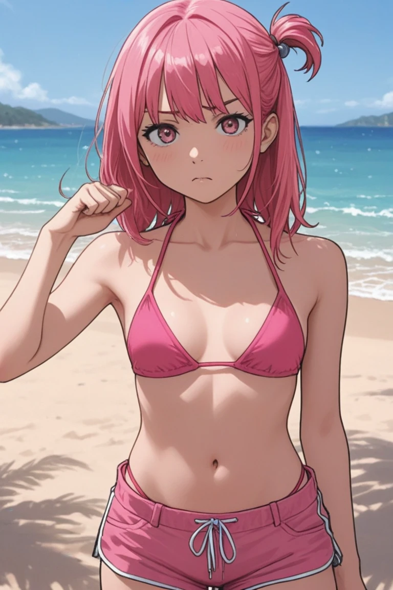 1 girl, smile of great joy,Beautiful and inspiring,(((medium chest))),Do a dynamic dance、How to attach the painted ear band、((((thin arms、thin waist、slender upper body、thin thighs、thin lower body))))、medium long hair、(((pink hair)))、tropical sandy beach、Dazzling Smile、micro bikini、full body shot、A bow tie、wear big gold earrings, pink hair