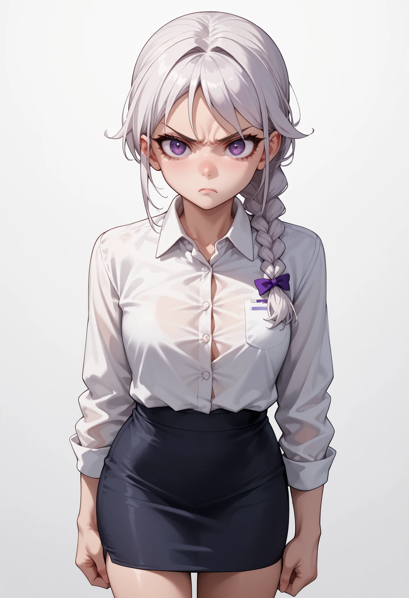 source_anime ,score_9, score_8_ up, score_7, ((White background)) White skin ((Russian woman)) ((1girl)) (narrow-eyed) Fierce face ,slender face, , (solo girl) ,30 years old, rathing_questionable , (purple eyes), (White ponytail braid:1.2), (White collared shirt1.3) , (pencil skirt:1.2) , ((thin:0.6)) , ((small breasts:0.2)) (Flat chest:0.7) angry (strong)