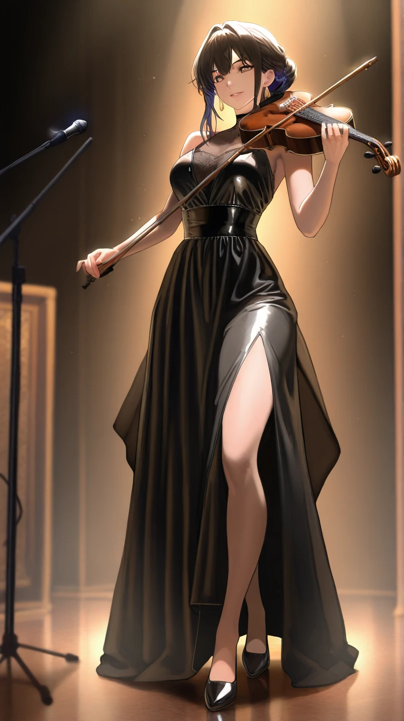 1female, Silver Hair, Green Evening Gown, Wavy Hair, Silver Heels, Elegant Attire, Brown Eyes, Laughing, Slim, Socialite, Adult Female, Ballroom, Standing by a Stage