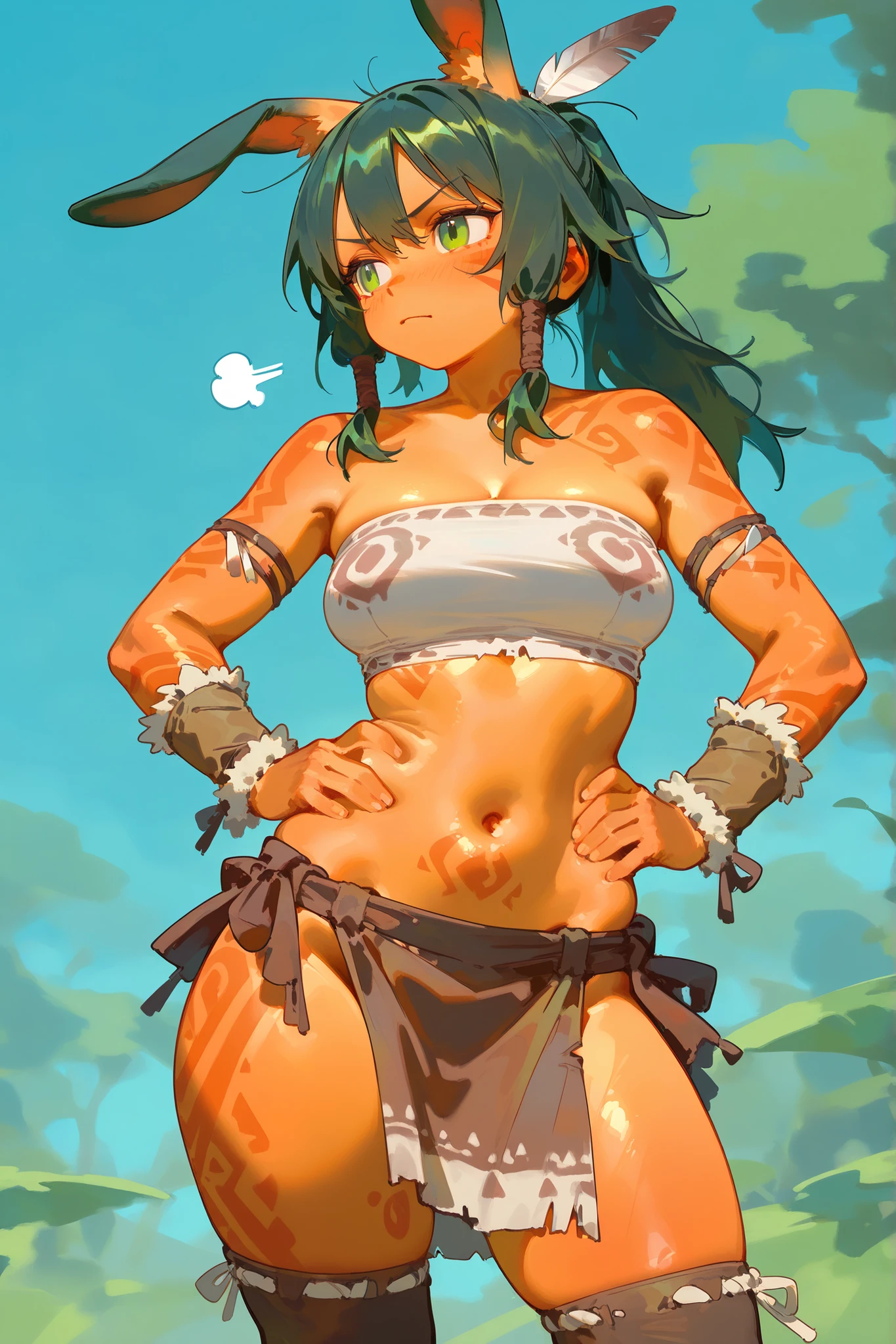 1girl, solo, multiple colored hairs, smile, leaning forward, outside, posing, background, amazon warrior outfit, ponytail, (frontal view), front, face to face, front view, , (tomboy), black hair, slender, pert ass, high details, sharp detailed face, detailed eyes, young, long and wild amazon hair, amazon, long hair, tattoo, tanned, in a tribal village with leaf huts and tents, very small breasts, fur, revealing amazon outfit, ikuchan, thong, pregnant, pregnancy, pregnant belly. Scar, scars en arms, scars on belly, scars on legs.
