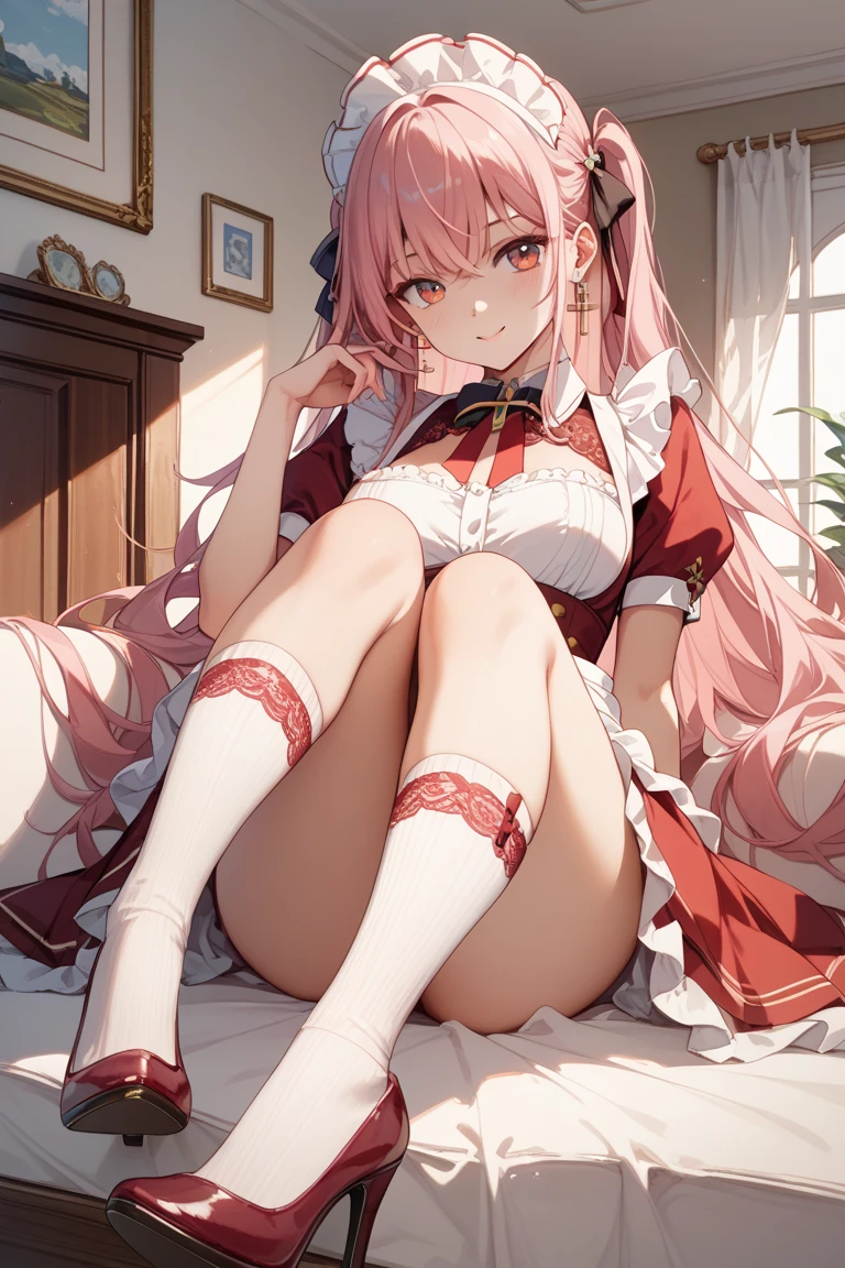 one-girl,soio,170cm height,45CM bust,A pink-haired,Purple eye,the night,gentleness,ssmile, Extremely detailed, Wearing miniskirt Santa Claus costume, Santa Claus costume with warm fur,In the bedroom,((lacepantyhose)),black glove,With bare arms,mitsukasa ayase