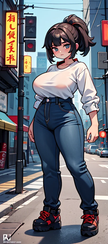(An angle that shows the subject&#39;s entire body:1.2), 
((Highest quality:1.2)),((masterpiece)),((8k)), 
Anatomically correct,
(1. Beautiful Brazilian woman with a big ass and a height of 170cm:1.2), 
Mature Woman, mother, Married Woman, Mature Woman, 4, (cool), Female Jay,
Bluish purple hair, ((Voluminous Hair)), Short Hair, ((Messy Hair)), jagged hair style,
Beautiful, long eyes, (Natural Makeup), (Thick lips), (Swollen lips), Lips parted, (Grin),  (A confident and strong look)
Sensual, Chubby body type, glamorous, Curvy, Wide Hips, Huge Ass, Big Breasts, Greasy breasts, (Bust size 189cm, saggy breasts), belly button, (Big thighs),  
(Clothes are tight, Clothes that show your body lines, A plain white tank top, knee-length denim trousers, Sports sandals),
(big hoop earrings), bracelet, Big hair tie, 
(Raise one hand in greeting:1.2), (Feet shoulder-width apart:1.2), (A pose standing with hands on hips:1.2), 
Daytime, Outdoor, Southeast Asian Market, congestion

