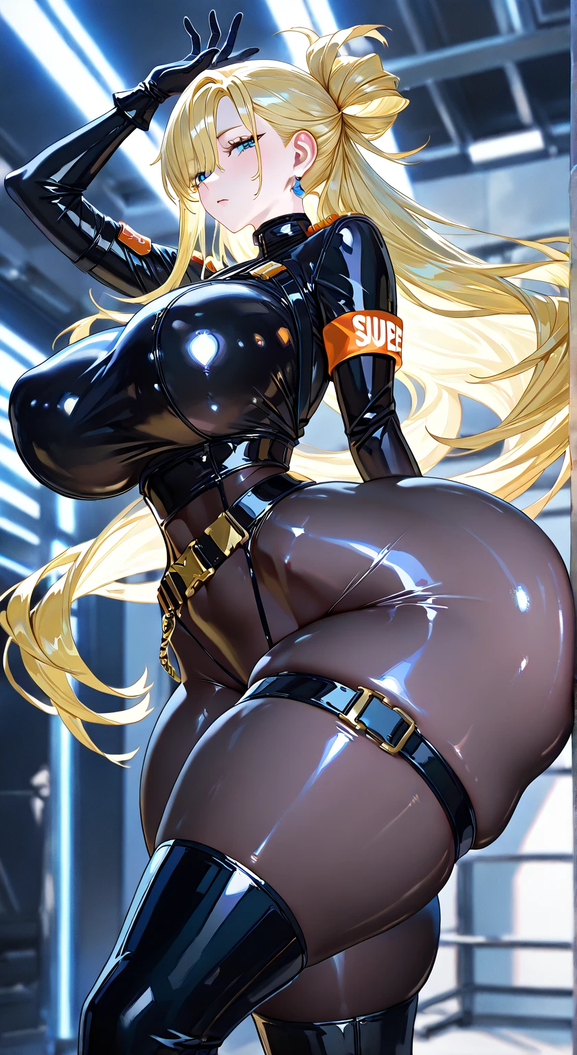 sensual, long blonde hair, thick thighs, 8k, 4k, highest quality, High resolution:1.2), cute anime face, noise reduction, shining blue eyes, gentle smile, kind eyes、toned abdominal muscles, muscular arms, muscular legs, young face, anime eyes, (((big breasts、A chest that is about to burst)))、(((bondage style)))、(((Rear view、I'll turn around、emphasize the buttocks)))