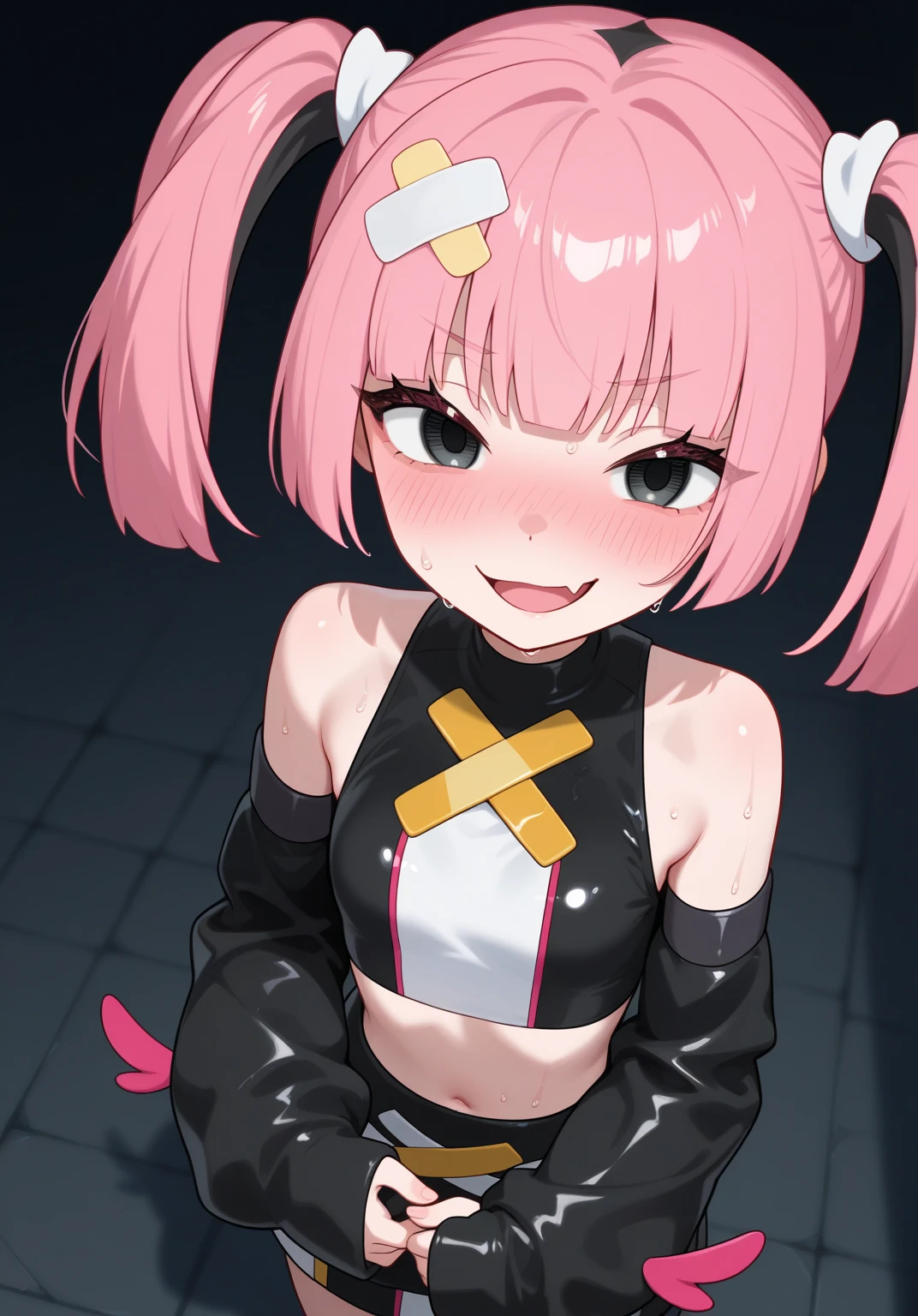(1Girl) , (17 years old) , (Fluffy Tousled Short Pink Hair) , (White skin) , ((Black eyes, dilated pupils)) , (Skinny body) , look fun , Colorful children's clothing , ((cross -eyed))