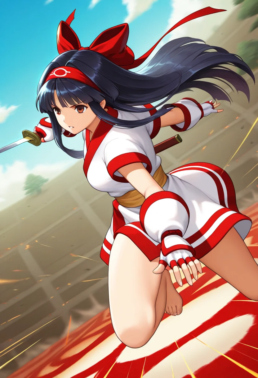 (intense action), (cowboy shot, dynamic angle), (battle scene: 1.5), medium breasts,
Nakoruru, Mother Nature's punishment, Nakoruru, 1 girl, Ainu clothing, traditional patterns, red ribbon, long black hair, headband, fingerless gloves, yellow sash, clothing with white and red details, no pants, barefoot, weapon in hand, short sword, anime style, cel-shaded, dynamic pose, mid-air, high speed, intense motion lines, blue sky, wind effect, determined expression, low back angle. Trees.