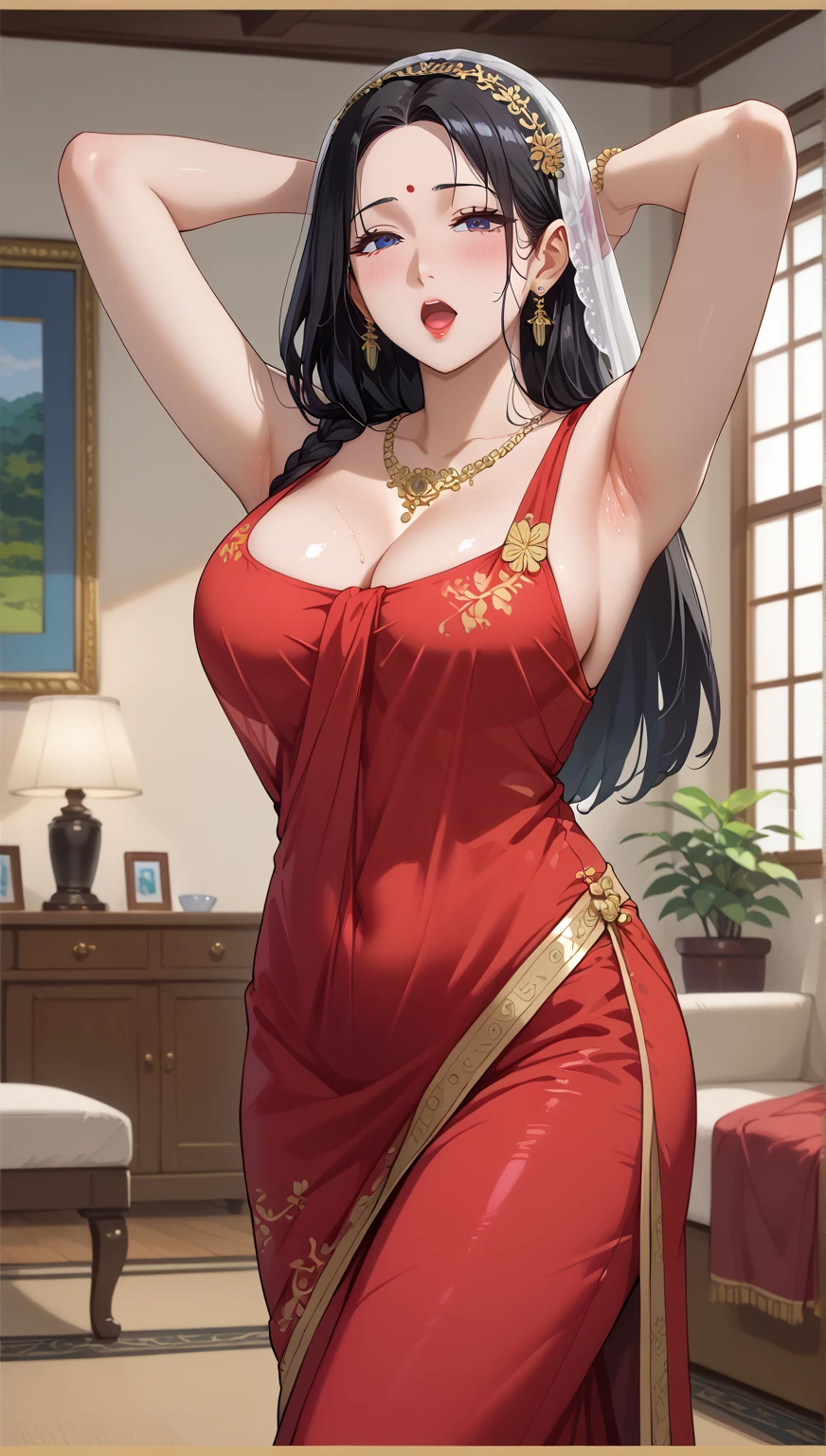(best quality, highres, photorealistic), elegant mature woman showing her muscular back, blue eyes,wavy hair, black hair, neck plunging red dress with intricate patterns,huge saggy breasts, ultra detailed cg 8k, beautiful cg, soft light, long jhumka earrings, cleavage, makeup,dark pink lipstick, delicate necklace, Royal gloves ,makeup, beautiful eyelid, eyeshadow,eyeliner,navel,bare legs ,huge ass, backless
