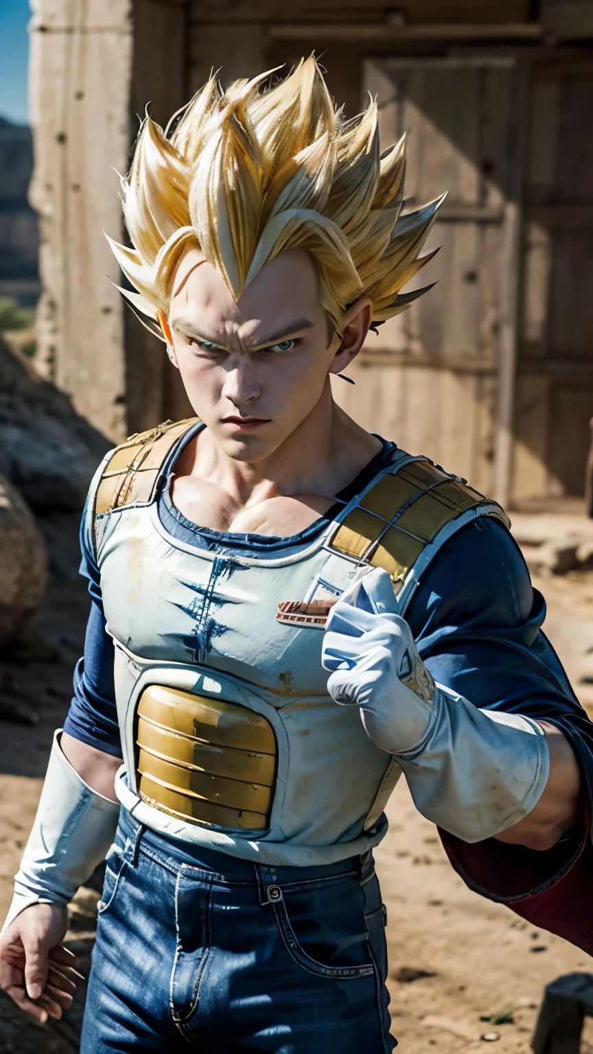 Real life adaptation of this character, his name is Vegeta (realistic blue and white outfit), spiky hair, blue pants, closed mouth, looking towards the viewer, black spiky hair, black eyes, armor, white gloves, detailed realistic black eyes, belt realistic, realistic background, from Japanese animation, handsome face, realistic clothes, realistic light, realistic shadows, realistic background, (photorealistic: 1.2), realistic hands