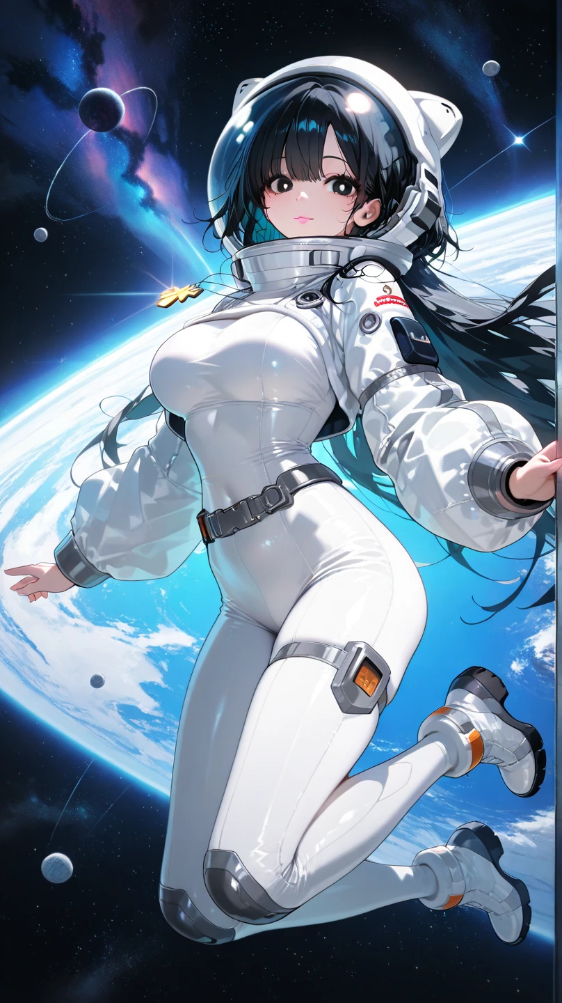 Highest quality,Highest Resolution,A beautiful girl from the future flying in space,Earth in the background,Milky Way,