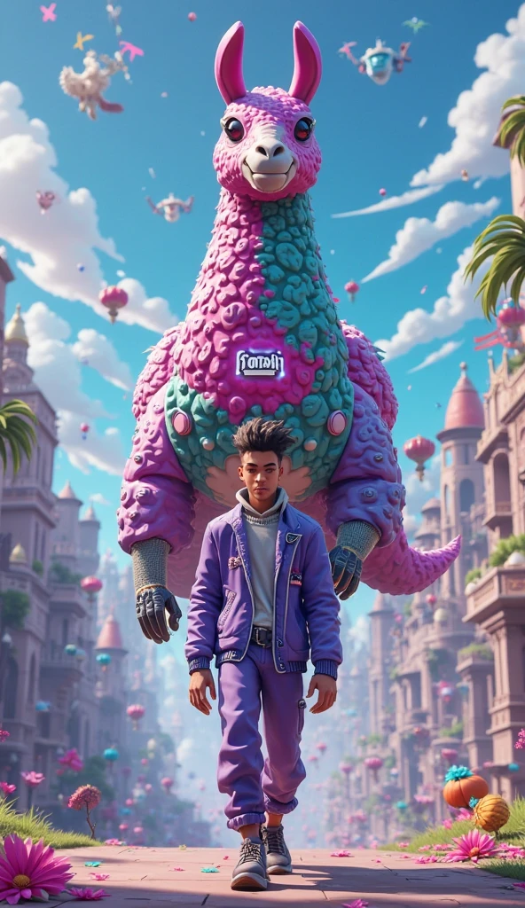 full body view of creature, humanoid, teal fur, gigantic round auricle, pink eyes, anorexic, wearing pants, shirtless, antenna on jaw, walking, in sunny abandoned city