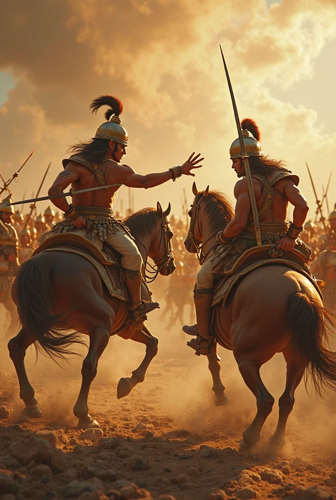 Two men are riding on a chariot, the man behind has an arrow in his hand, the man behind is pointing at the man in front, both of them having good bodies and personalities