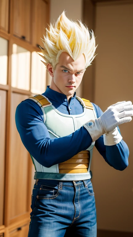 (masterpiece, best quality: 1.2), solo, male focus, 1boy, vegeta, furious, fighting pose, bruised, looking at the viewer, blonde hair spiked, black eyes, armor, white gloves, realistic