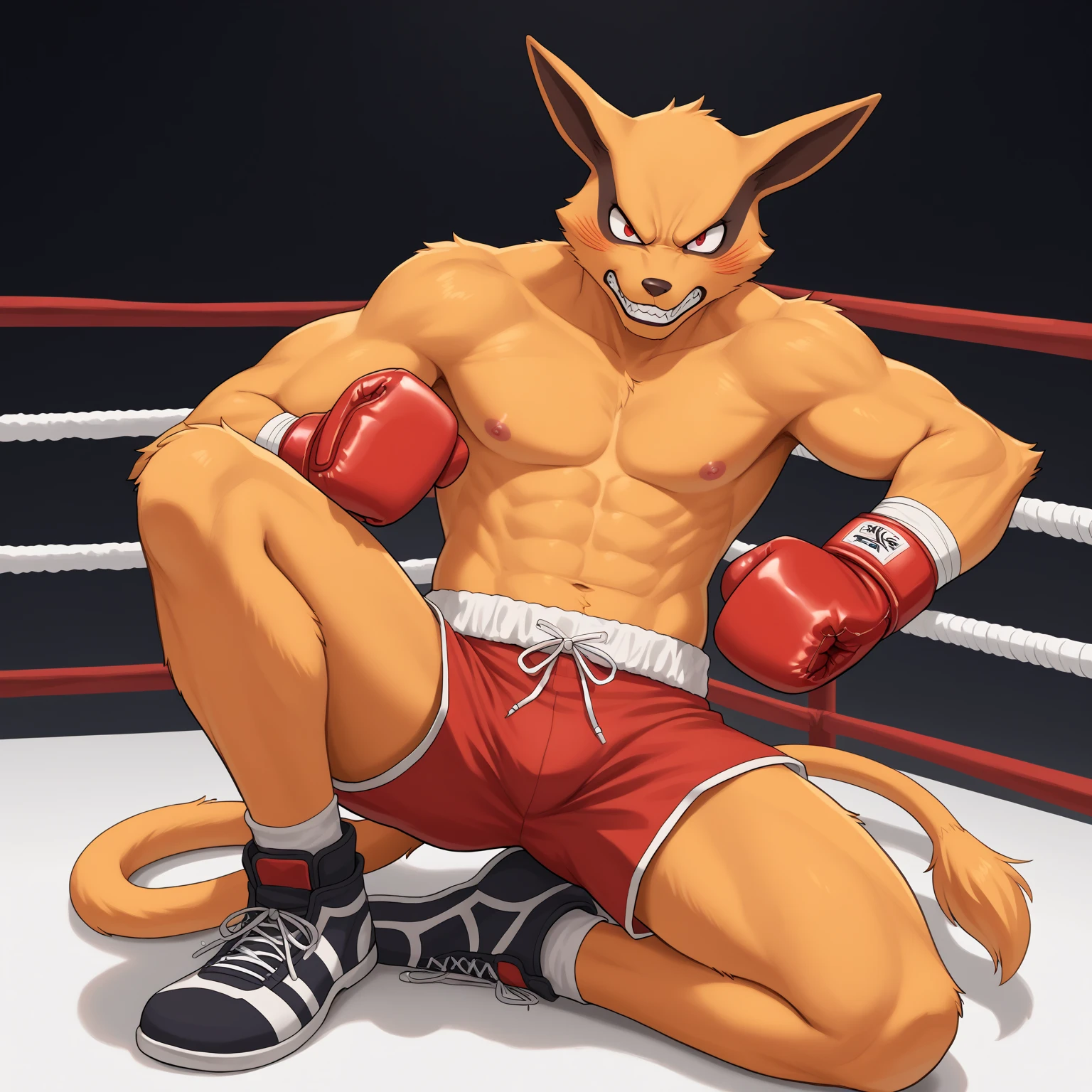 muscular anthro lora:kurama wearing boxing gloves. 4k, high resolution, best quality, perfect colors, perfect shadows, perfect lighting, posted on e621, furry body, solo, anthro kurama, body hair, older, male, adult, masculine, (heavily muscular, buff:1.2), bare torso, correct anatomy, (detailed fur, epic, masterpiece:1.2), (detailed gym background, nighttime), sexy shadows, (by Taran Fiddler, by takemoto arashi), (boxing shorts:1.2), (detailed eyes:1.2), sweaty:1, sweat:1.2, shiny fur, full body, boxing gloves, kneeling on floor, (sweat:1.4), open mouth, visible breath, exhausted, (arms lowered, arms down:1.1)