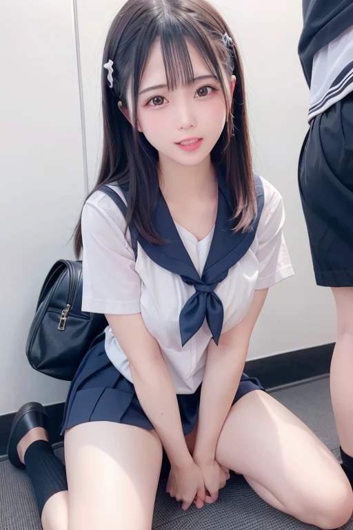 (SONY_α1.SEL50F12GM.Combined shooting), (One Girl), alone, Ultra high definition, Great face and eyes, Serious face, (school uniform, Pleated skirt,:1.3), (Highest quality:1.4), Very detailed, 8k Raw Photo:1.5, Very detailed, High resolution raw color photos, Professional photography, Realistic portraits, (Abandoned school classroom, Sit on a chair:1.5), A scene from a movie,