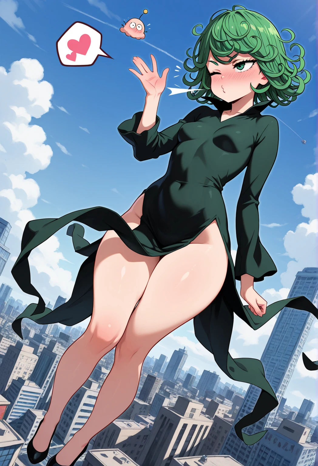((ultra quality)), ((work of art)), ((真实感)), (detailded),(4K), tatsumaki, one punch man,((sexly)), (medium breasts), (expressão facial sexly), (delicate breasts),(( black gown)),, (black thong panties), ((panties between the labia), ((beautiful body)),( wide hip), (Slim Belly), ((beautiful curves), (ideal female figure) ,(rosy cheeks), close no rosto,(photographic essay), (sensuous), grown-up, fund: (distant buildings), (blue sky)