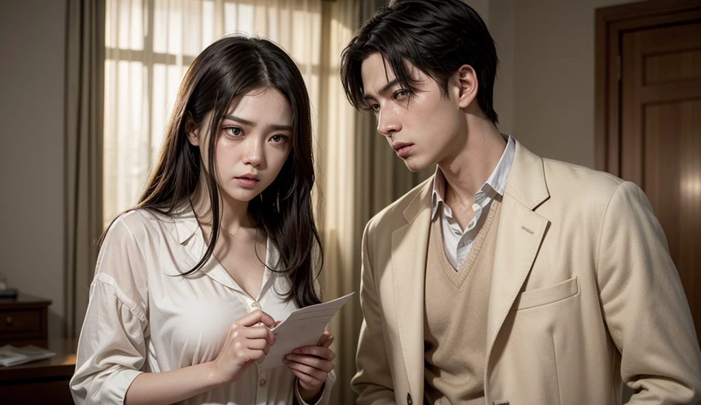 (Best Quality:1.2, Photorealistic:1.4, masutepiece:1.2), Kodak Portra 400 Film, Boy hugging a girl, The face of a man lying to a woman、25-years old、Wearing a suit, (Focus on the face:1.3), Stand staring at the viewer, With a slightly condescending look, Show off a sweet attitude.