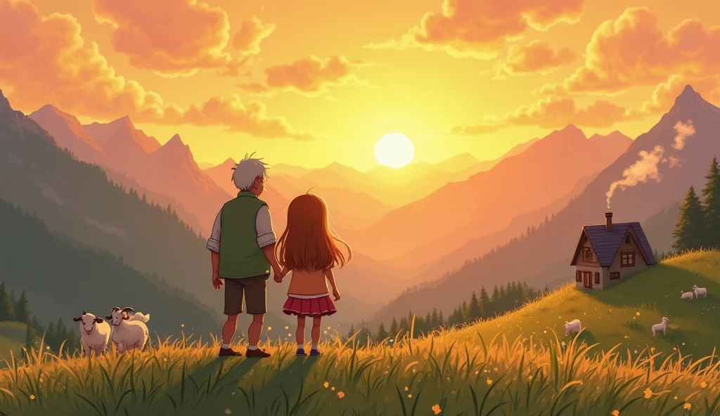 Anime Father and 8 year old daughter wearing hijab, travel to the mountains, watch the sunset