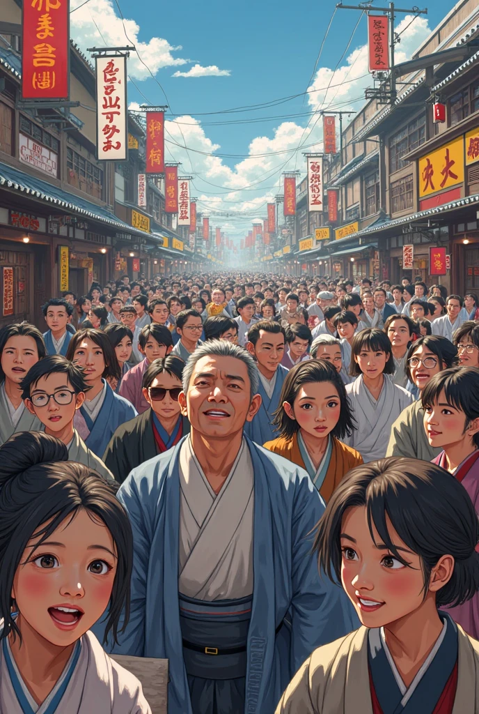 A mysterious figure appearing on a bustling city street, surrounded by people of all ages, including young couples, middle-aged couples, children, and the elderly, with terrified expressions on their faces, a tense atmosphere pervading the city street, ,in the style of the stars art group xing xing, 32k, best quality, masterpiece, super detail, high details