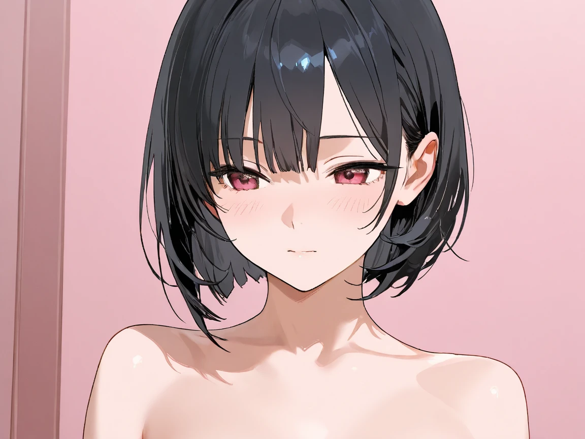 1girl,(pale skin:1.0),upper body,pov,arms behind back,expressionless,black hair,bob cut,blunt bangs,red eyes,medium breasts,nipples,large areolae,white background,best quality <lora:pale-skin-xl-test:-3>
