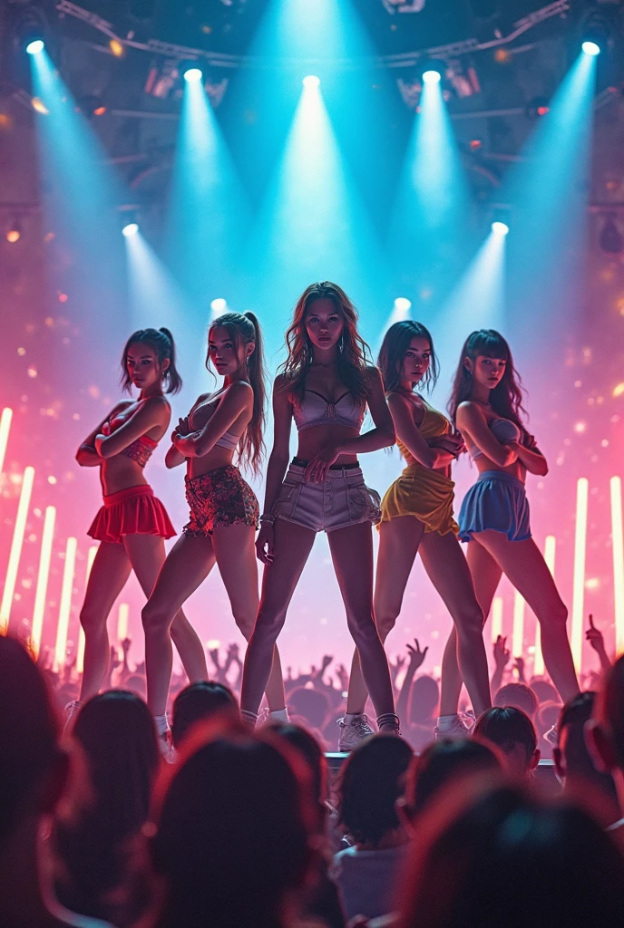 Group of girls kpop group asians With one of the members looking like ariana grande Blonde ponytail using boots shining doing shows singing for fans a lot of fans crowd victoria secrets pink glitter ariana grande in stadium With small wnd tight dresses 