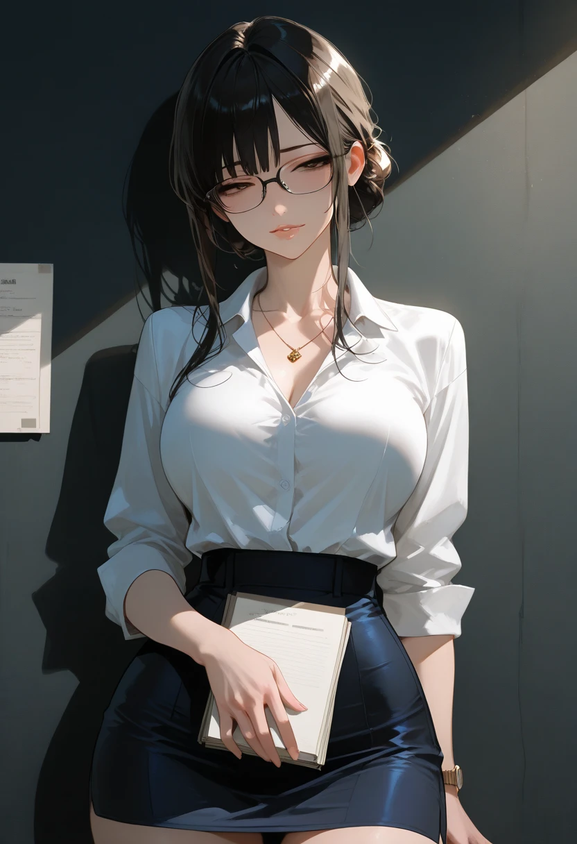 (masterpiece1.5),Adult lady,huge breasts,One,(((Hair))), long hair, Half-open mouth,(glasses with red frames),(black hair), (Big eyes with double eyelids),(thick lip),(high nose),(High gauge (tight-fitting:1.1) (black:1.3) tortoiseshell neck:1.1), (filling:1.3), (orange cardigan:1.2), (checkered (Dark olive green) Tapered trousers:1.3), dark brown belt, Gold necklace, (dark brown:1.1) Lowers,Nice backgrounds for your theme、beautiful backgrounds、searchlight、bright colors、(((Detail drawing)))、perfect beautiful girl