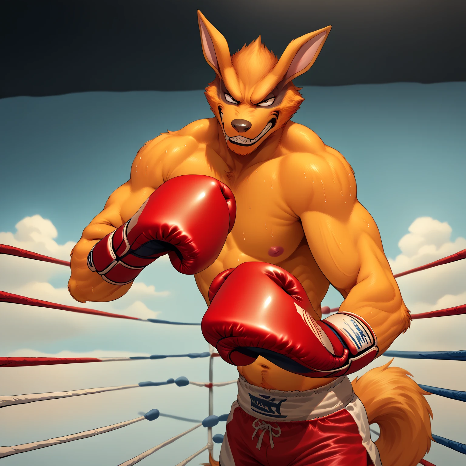 muscular anthro lora:kurama wearing boxing gloves. 4k, high resolution, best quality, perfect colors, perfect shadows, perfect lighting, posted on e621, furry body, solo, anthro kurama, body hair, older, male, adult, masculine, (heavily muscular, buff:1.2), bare torso, correct anatomy, (detailed fur, epic, masterpiece:1.2), (detailed gym background, nighttime), sexy shadows, (by Taran Fiddler, by takemoto arashi), (boxing shorts:1.2), (detailed eyes:1.2), sweaty:1, sweat:1.2, shiny fur, full body, boxing gloves, kneeling on floor, (sweat:1.4), open mouth, visible breath, exhausted, (arms lowered, arms down:1.1)