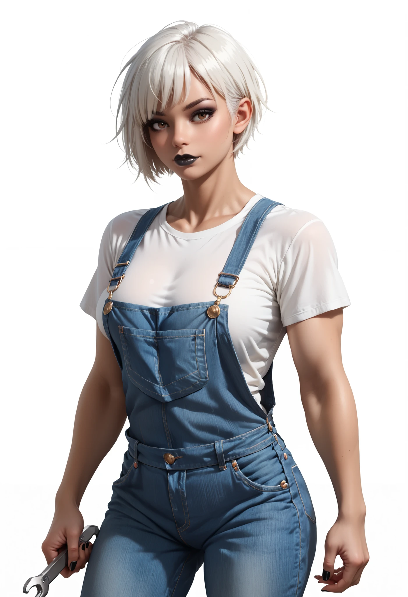 Realistic ((White background)) ((Mexican goth girl)) Moderate Brown skin ,sexy goth girl, Black lip ((white hair:1.4)) (white short scruffy hair:1.4) ,dark brown eye, Brutal face, (White T-shirt1.4), (Denim overalls:1.2) 1 girl, rathing_questionable , sexy ,score_9, score_8_up, score_7_up, seductive, very long leg ((big breasts:0.8)) (very strong) ,sexy , small muscle , ((Holding a wrench))