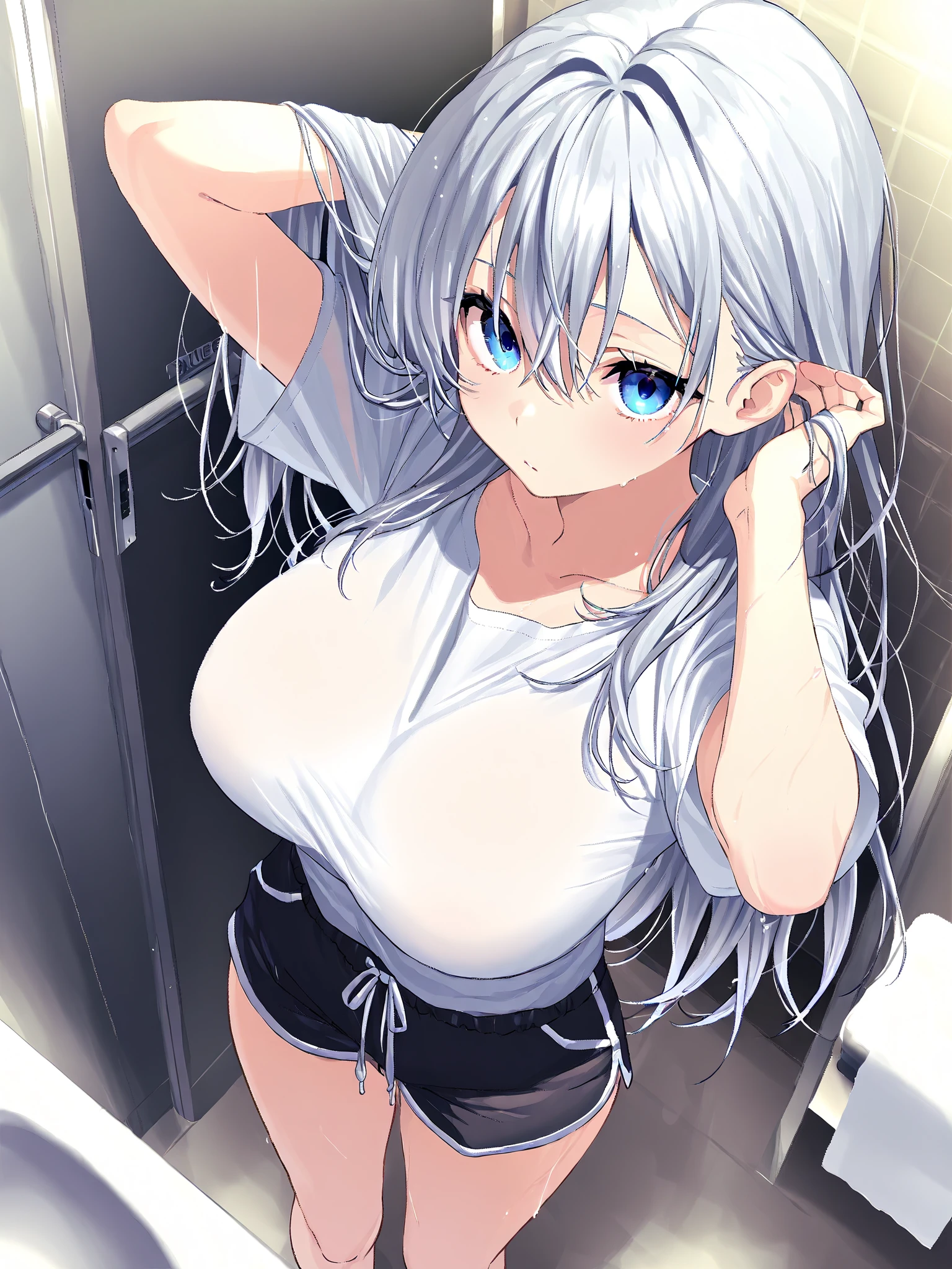 1 girl, NSFW, blue eyes, platinum hair, straight hair, medium short, big breasts, blushing, heart eyes, cute, orgasm, squirting, half naked