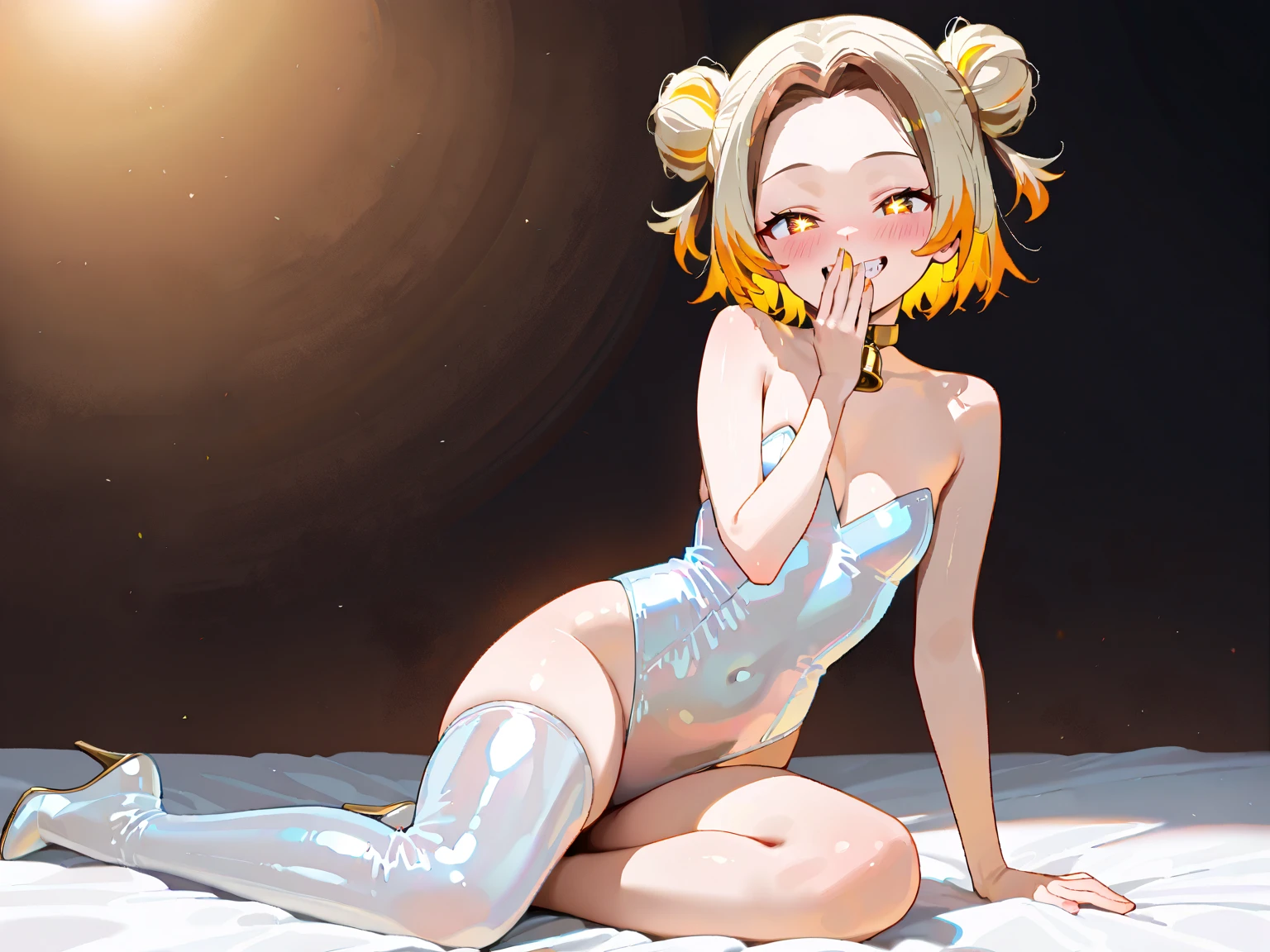 (best quality, masterpiece), 1girl, galaxy, glitter, dress, particle, wind, flower, full body, completely nude, ((areolas and vagina exposed)), dark background, looking at viewer, blonde,nsfw