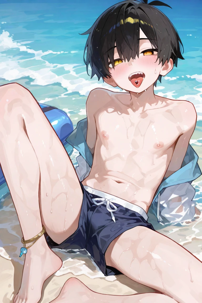 anger,Shota,swim,(best quality),(masterpiece),Wear only transparent thongs,no shirt,No coat,lying in water