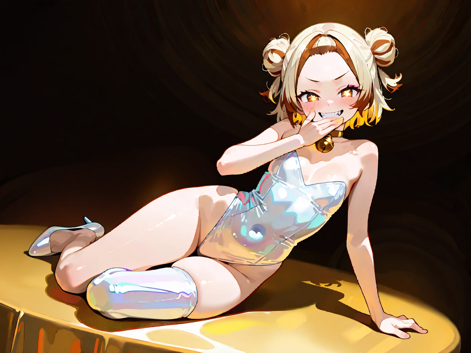 Sexy and super petite girl with white hair and super beautiful blue eyes, Super tender and super lovely eyes, with perfect anatomy using a white and gold leotard, a bun in the hair, Cola de caballo alta, White socks with violet bow and tight white gloves, con piernas perfectas y espacio entre los muslos, viendo hacia el espectador con un helado en la mano, (panda), (Sakura), (cuerpo completo), helado y estrellas en el fondo, (ulzzang), (CG extremadamente detallado, unidad, Fondo de pantalla de 8k: 1.1), Fantasma iridiscente, sombrado perfecto,