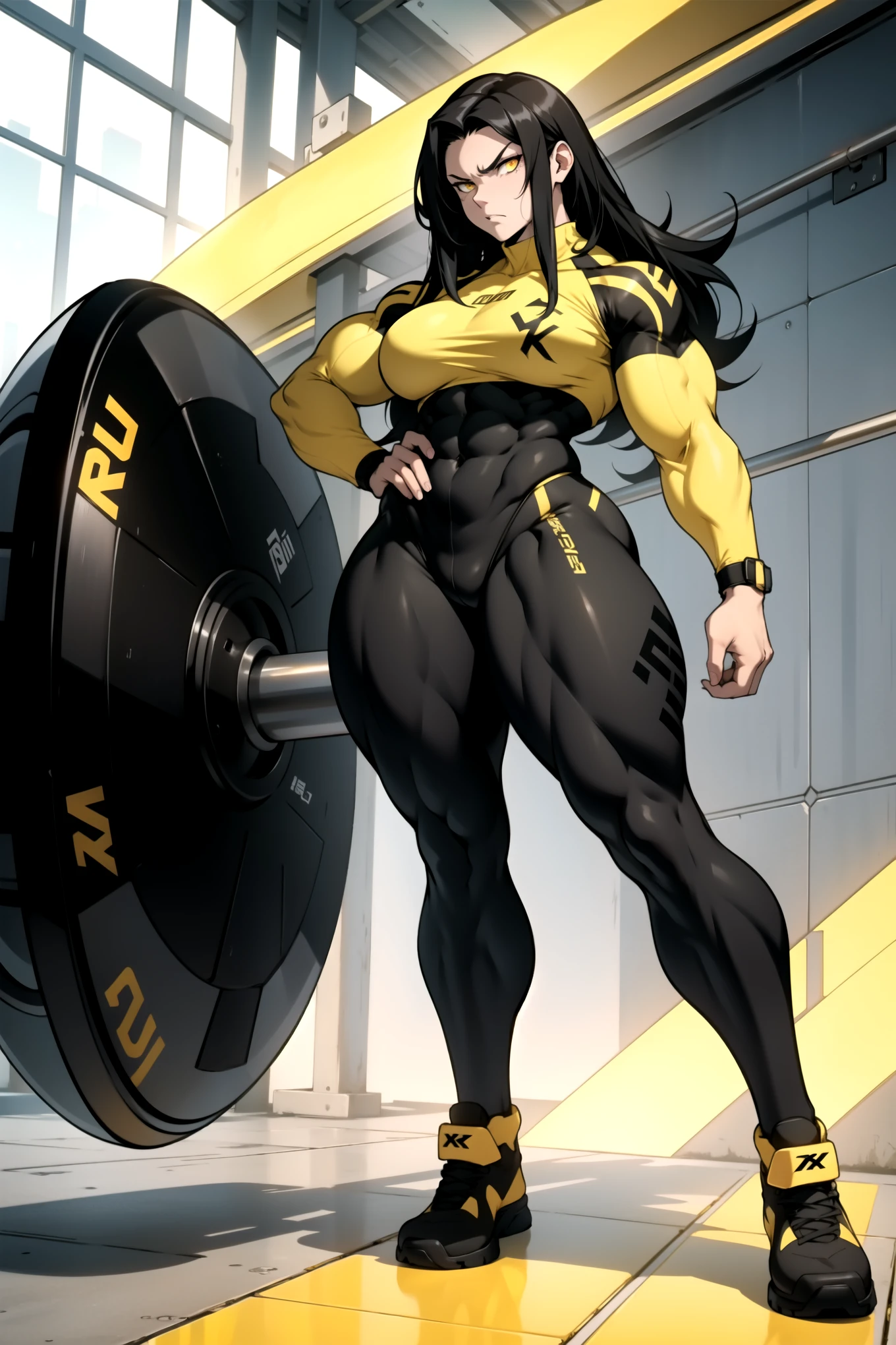 pale skin girl (1girl) muscular girl toned body huge breasts thick thighs black hair yellow eyes bodybuilder (full body long hair) best quality
