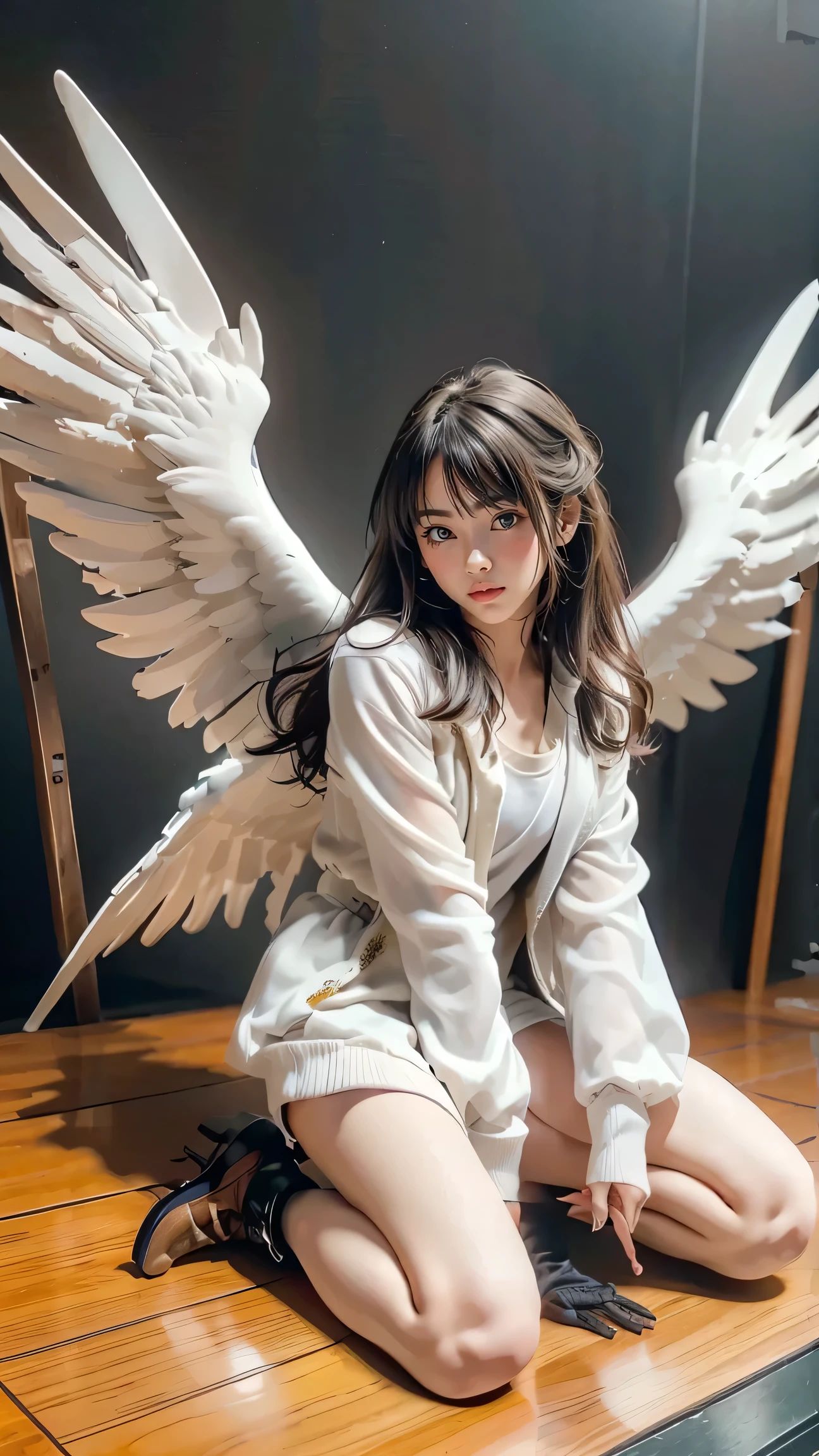 ((masterpiece, top quality, 最High Definition, high resolution, photoRealistic, RAW pictures , 8k)), ((Highly Detailed CG Integrated 8K Wallpaper)), wing gundam zero, Realistic、16k、High Definition、 Realistic battlefield、soaring dust and fire、 with one knee 、Lying、Realistic形状の羽根が背中に取り付けられています、Like a fallen angel、folding wings like a fallen angel、decaying to pieces