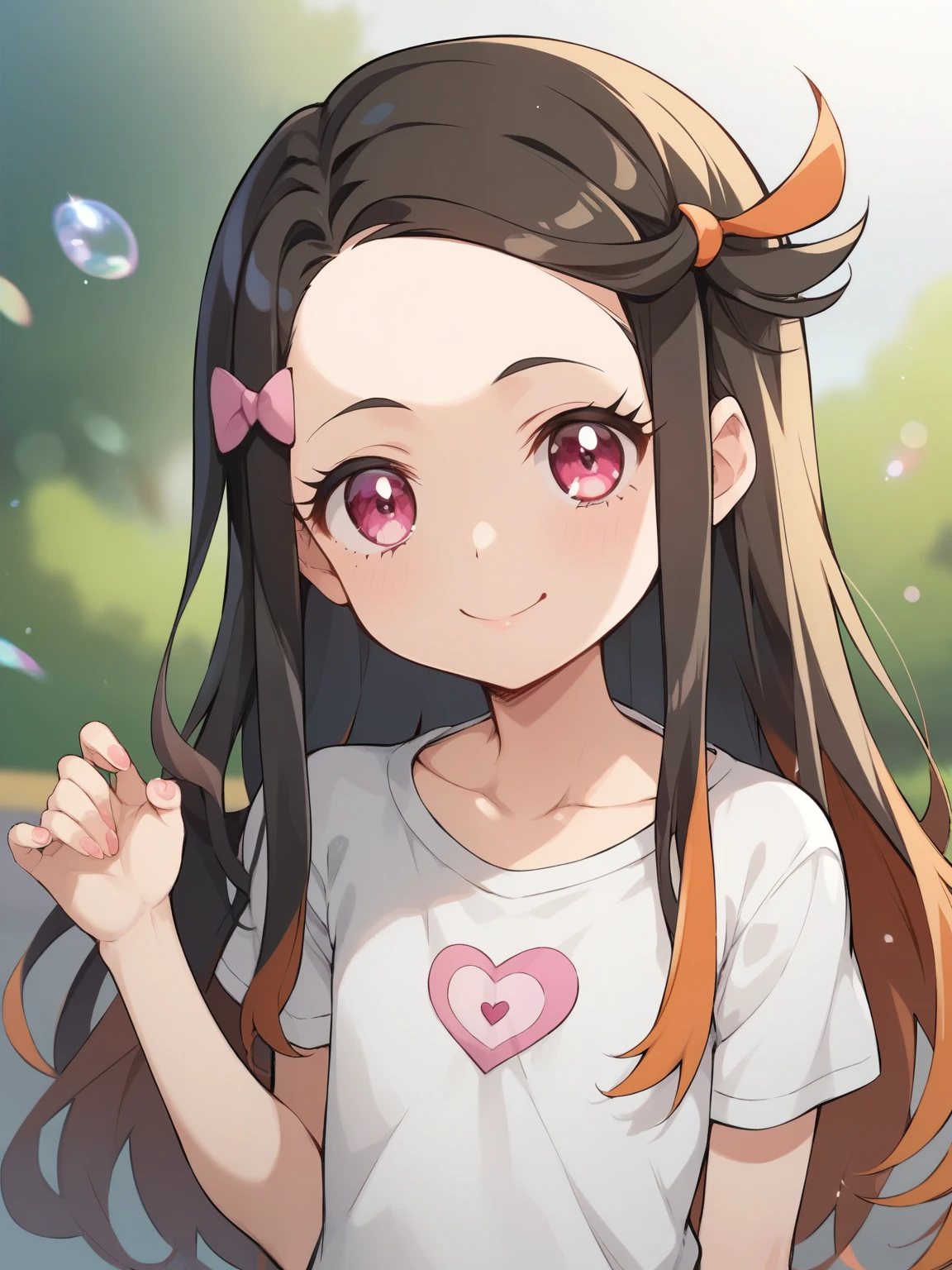 score_9, score_8_up, score_7_up, score_6_up, Source_Anime, nsfw,young little kindergarten girl、baby-like face, big head,round face,skinny:1.3,Kamado Nezuko,panties in your hand,baby-like face、she's smiling、very flat chest、short figure、Little elementary school girl、Pink Pretty Cure oval t-shirt,Pretty Cure style,glitter,fisheye lens,