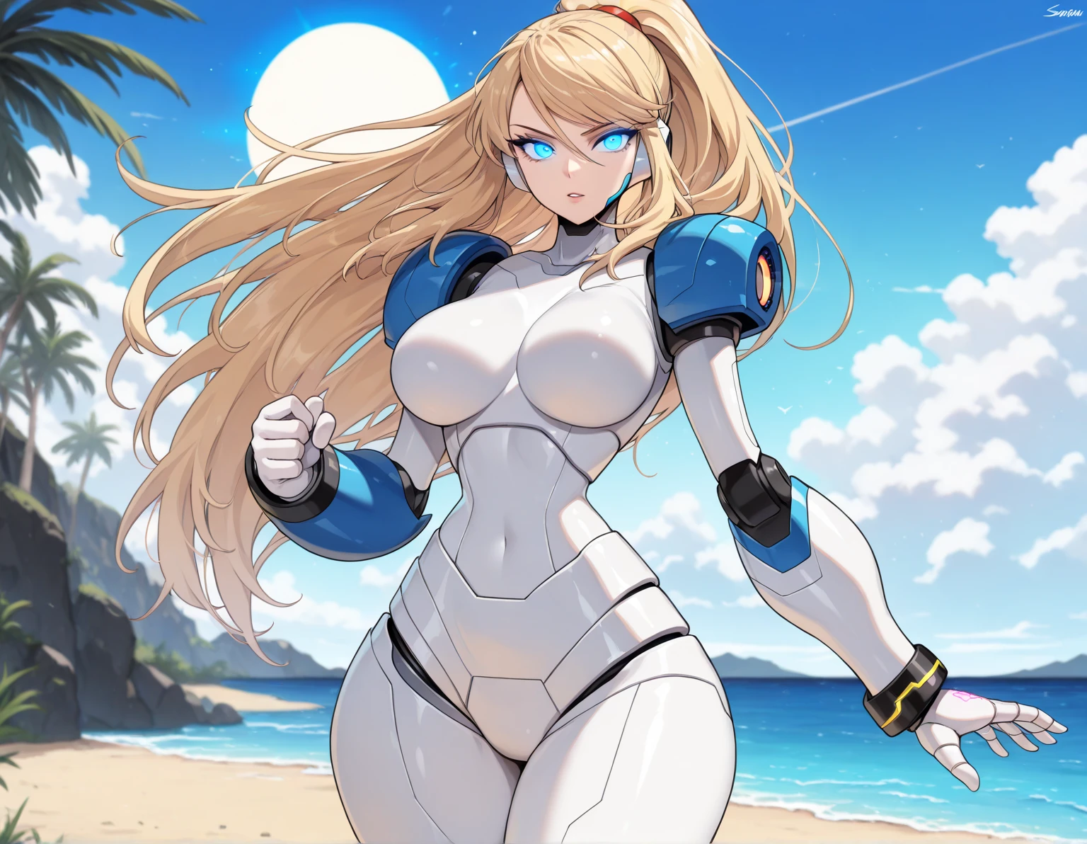 Mecha suit, space, Monsters girl, bunny girl, voluptuous, muscular, dark skin, blonde hair, blue eyes