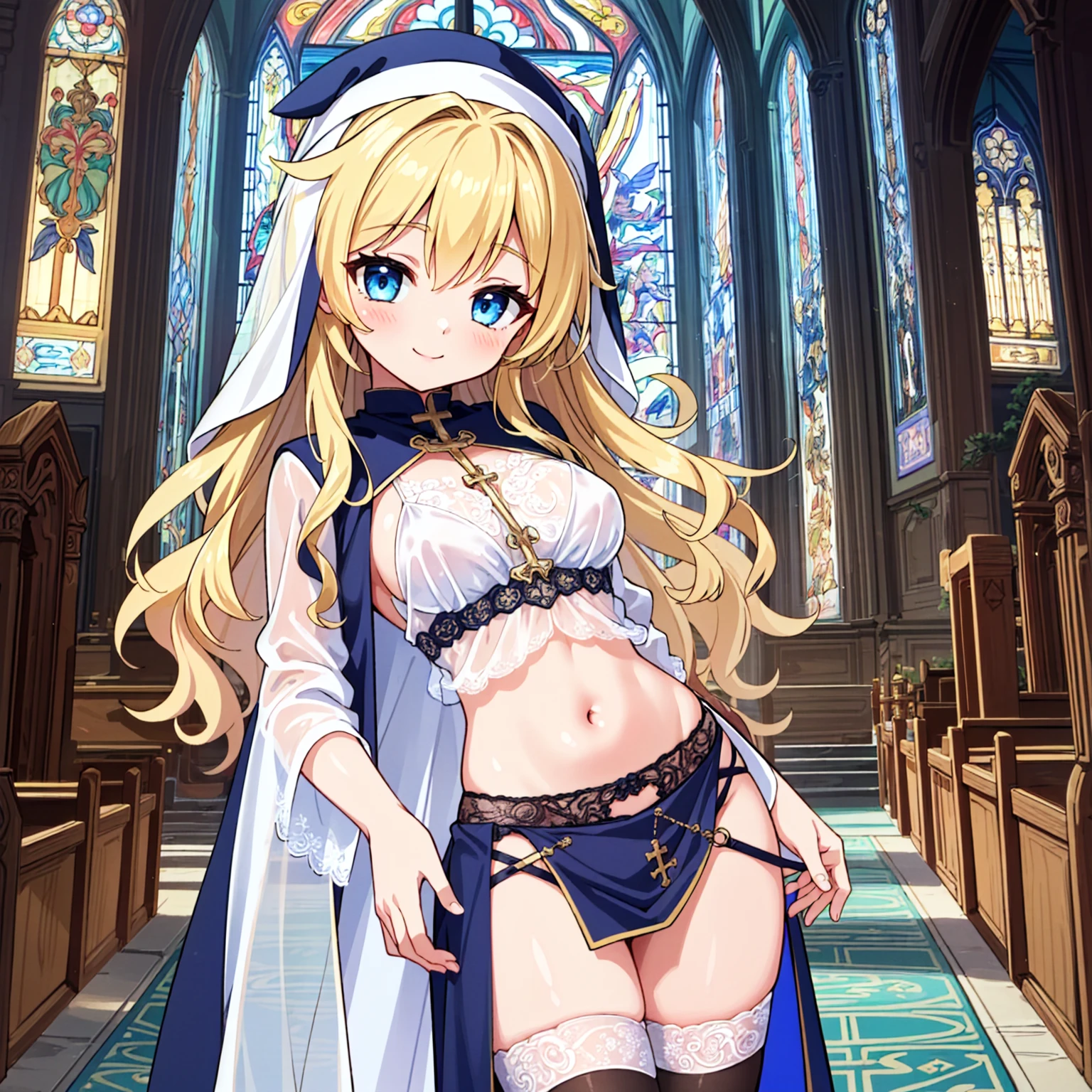 (Masterpiece:1.3), (best quality:1.2), (detailed background:1.1), (intricate details:1.1), (detailed background:1.2), fantasy theme, 1girl, (soft skin:1.2), long blonde hair, blue eyes, (medium breasts:1.2), nun, lingerie, (pelvic curtain:1.2), (groin:1.2), (see-through:1.3), lace, stockings, smile, indoors, church, stained glass, altar, <lora:detail_slider_v4:3>